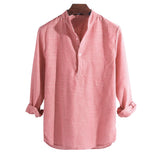 Men Helisopus Shirt Cotton Long Sleeve Striped Slim Fit Stand Collar