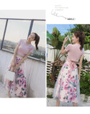 Women Irregular Mesh Skirts Bowknot Solid Top Floral Two-Piece Set