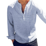 Men Helisopus Shirt Cotton Long Sleeve Striped Slim Fit Stand Collar