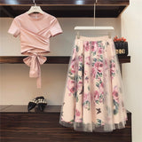 Women Irregular Mesh Skirts Bowknot Solid Top Floral Two-Piece Set