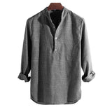 Men Helisopus Shirt Cotton Long Sleeve Striped Slim Fit Stand Collar