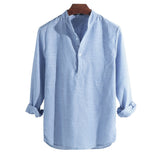 Men Helisopus Shirt Cotton Long Sleeve Striped Slim Fit Stand Collar