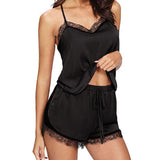 Women Sleepwear Pajama Set Sleeveless Strap Lace Trim Satin Cami Top Nightwear Femme Homewear