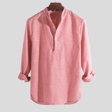 Men Helisopus Shirt Cotton Long Sleeve Striped Slim Fit Stand Collar