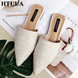 Women Slippers Pointed Toe Weave Mules Flat Slides Slip On Shoes