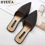 Women Slippers Pointed Toe Weave Mules Flat Slides Slip On Shoes