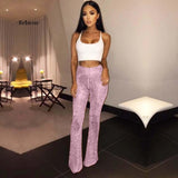 Women Glitter Sequin Flare Long Pants High Waisted Wide Leg Trousers