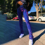 Women Glitter Shiny High Waist Reflective Wide Leg Zipper Long Pants