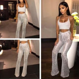 Women Glitter Sequin Flare Long Pants High Waisted Wide Leg Trousers
