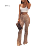 Women Glitter Sequin Flare Long Pants High Waisted Wide Leg Trousers