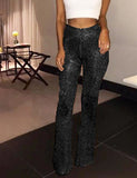 Women's Slim Wide Leg Pants Solid Colored Sequins High Waist Linen