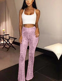 Women's Slim Wide Leg Pants Solid Colored Sequins High Waist Linen