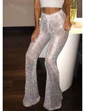 Women's Slim Wide Leg Pants Solid Colored Sequins High Waist Linen