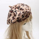 Women's All Seasons Leopard Print Rabbit Fur Buckle Beret Hat