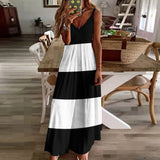 Black White Stripes Sling Ankle Long Dress