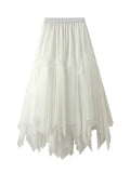 Women Irregular Mesh Pleated Spliced A-line Fairy Puffy Long Skirts