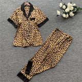 Women's Short Long Sleeve Ice Silk Leopard Pattern Pajama Sets