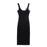 Women Black White Stripe V-neck Sleeveless Contrasting Camisole Dress