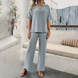 Women's Casual Solid Color Knitted Short Sleeve Pants Set