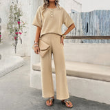 Women's Casual Solid Color Knitted Short Sleeve Pants Set