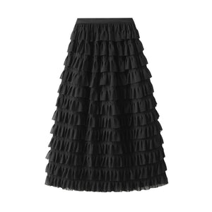 Women Slim Mid Length Multi Layer Stitching Cake Solid Color Skirt