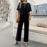 Women's Casual Solid Color Knitted Short Sleeve Pants Set