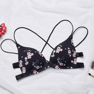 Women Floral Front Buckle Seamless Cross Back Push Up Bras