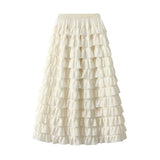 Women Slim Mid Length Multi Layer Stitching Cake Solid Color Skirt