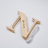 Personalized wooden letter N night light, custom name alphabet design, warm glow, 19CM