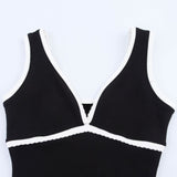 Women Black White Stripe V-neck Sleeveless Contrasting Camisole Dress