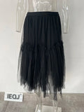 Women Irregular Mesh Pleated Spliced A-line Fairy Puffy Long Skirts