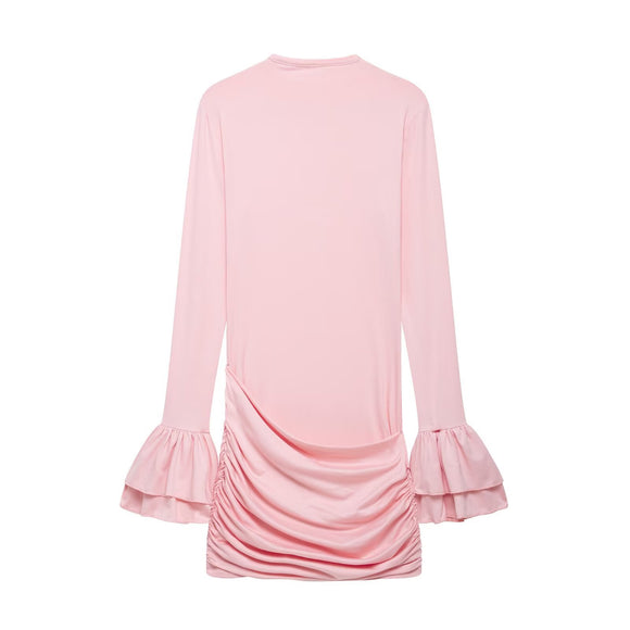 Women Round Neck Flared Sleeves Pleated Short Skirt Dress