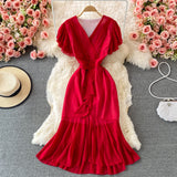 Women New French V-Neck Flying-Sleeve Fishtail Bag Hip Ruffled Dress