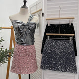 Women Sequined Midi High Waist Hip Hugging A-line Short Skirt