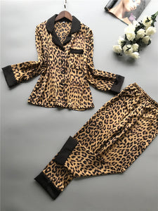 Women's Short Long Sleeve Ice Silk Leopard Pattern Pajama Sets