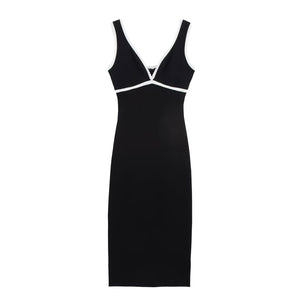 Women Black White Stripe V-neck Sleeveless Contrasting Camisole Dress