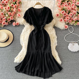 Women New French V-Neck Flying-Sleeve Fishtail Bag Hip Ruffled Dress