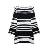 Women's Round Neck Black White Striped Backless Dress