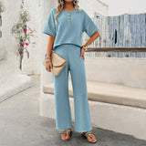 Women's Casual Solid Color Knitted Short Sleeve Pants Set