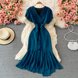 Women New French V-Neck Flying-Sleeve Fishtail Bag Hip Ruffled Dress