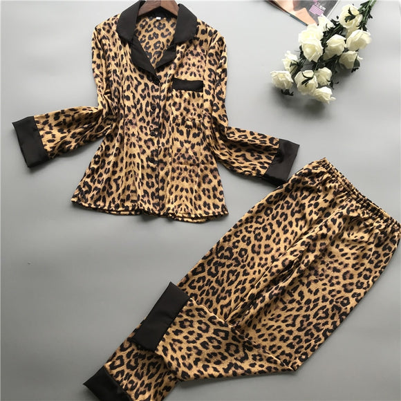 Women's Short Long Sleeve Ice Silk Leopard Pattern Pajama Sets