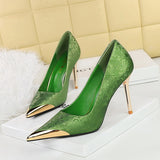 Women's Chinese Style Shallow Mouth Metal Pointed Satin High Heels