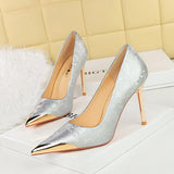 Women's Chinese Style Shallow Mouth Metal Pointed Satin High Heels