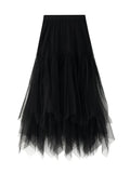 Women Irregular Mesh Pleated Spliced A-line Fairy Puffy Long Skirts