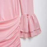Women Round Neck Flared Sleeves Pleated Short Skirt Dress