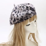 Women's All Seasons Leopard Print Rabbit Fur Buckle Beret Hat