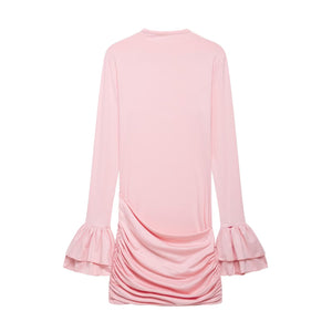 Women Round Neck Flared Sleeves Pleated Short Skirt Dress