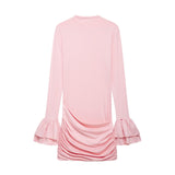 Women Round Neck Flared Sleeves Pleated Short Skirt Dress