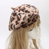 Women's All Seasons Leopard Print Rabbit Fur Buckle Beret Hat