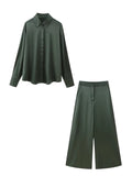 Women Solid 2 pcs Wide Pants Long Sleeve Loose Shirt Set